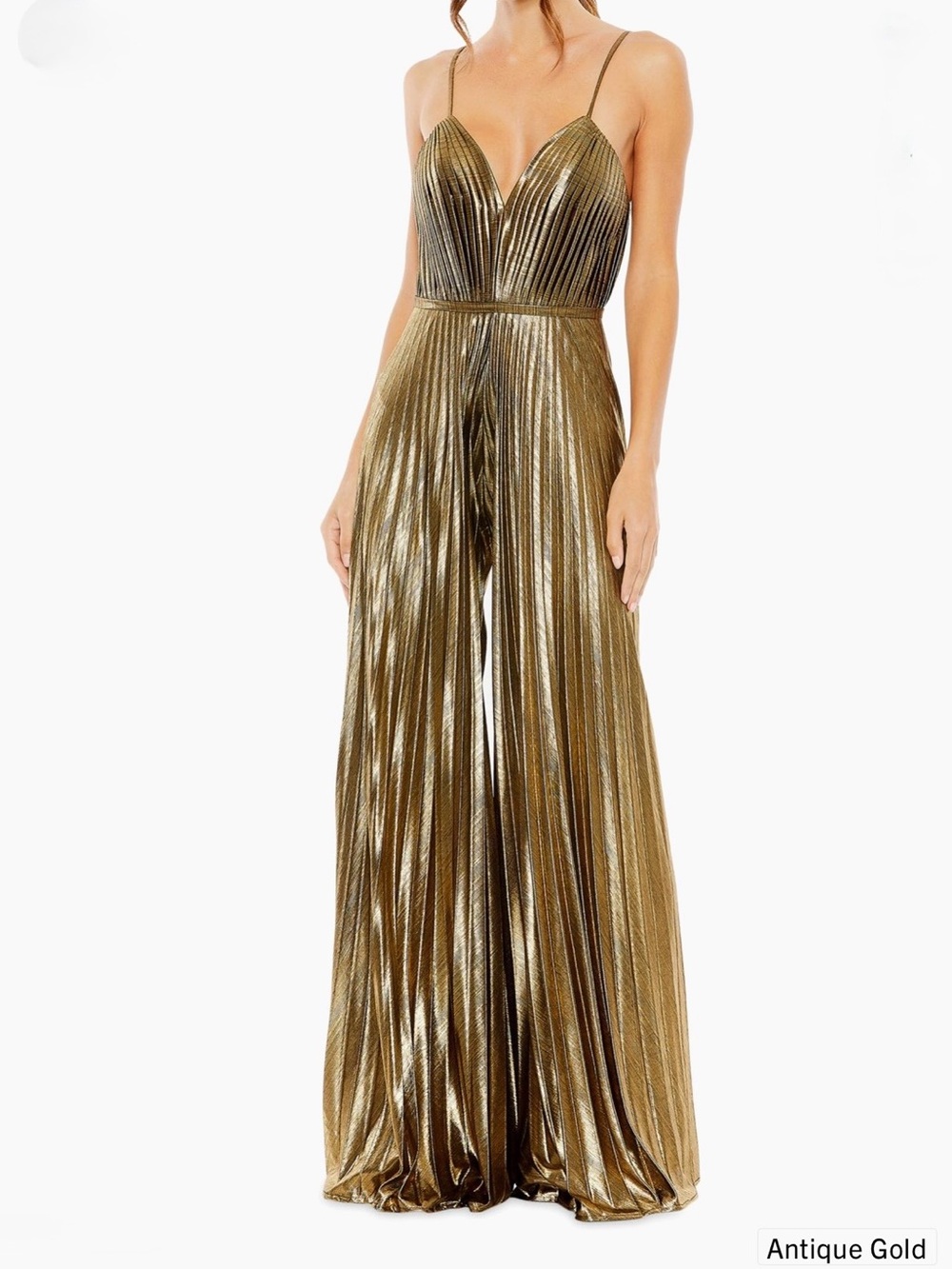 Mac Duggal Antique Gold Pleated Wide-Leg Jumpsuit
